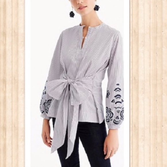 J.Crew Embroidered Tie-Front Striped Tunic Top - Picture 2 of 7